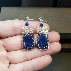 925 Sterling Silver Handmade Wire Wrapped Sodalite Dangle Earrings